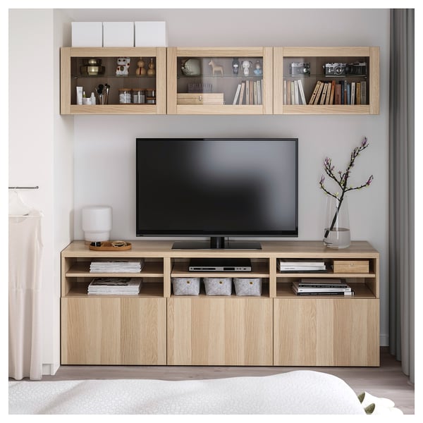 BESTÅ Rangement TV/vitrines, effet chêne blanchi/Lappviken motif chêne blanchi verre transp, 180x42x192 cm