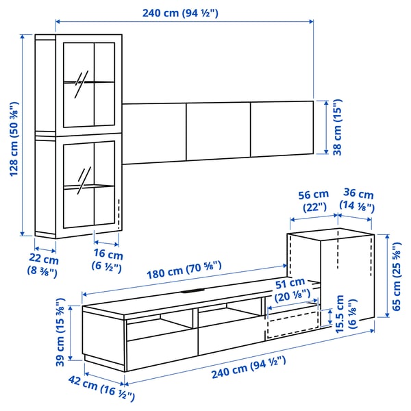 BESTÅ Rangement TV/vitrines, effet chêne blanchi/Lappviken motif chêne blanchi verre transp, 300x42x211 cm