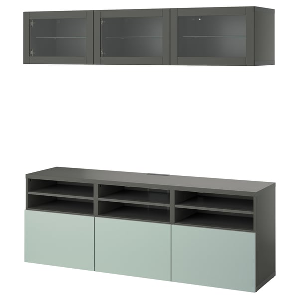 BESTÅ Rangement TV/vitrines, gris foncé Sindvik/Hjortviken gris-vert pâle, 180x42x192 cm