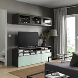 BESTÅ Rangement TV/vitrines, gris foncé Sindvik/Hjortviken gris-vert pâle, 180x42x192 cm