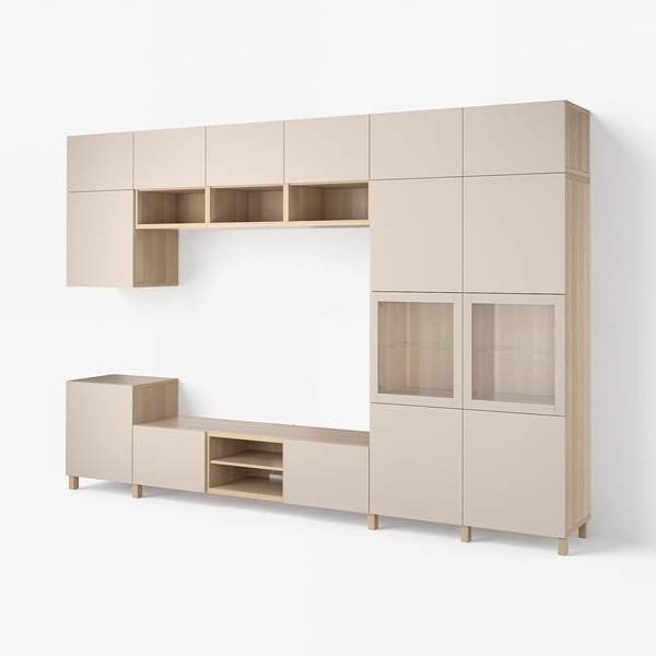 BESTÅ Rangement TV/vitrines, plaqué chêne blanchi Lappviken/Sindvik beige-gris clair, 360x42x240 cm