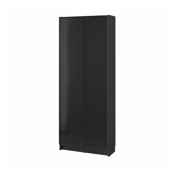 BILLY / HÖGBO Bibliothèque+portes vitrées, noir motif chêne, 80x30x202 cm