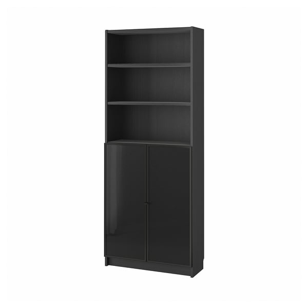 BILLY / HÖGBO Bibliothèque+portes vitrées, noir motif chêne, 80x30x202 cm