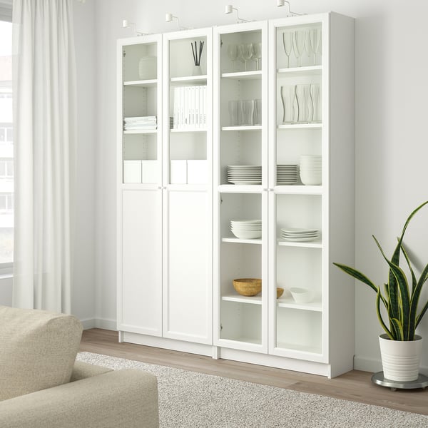 BILLY / OXBERG Bibliothèque portes pleines/vitrées, blanc/verre, 160x30x202 cm