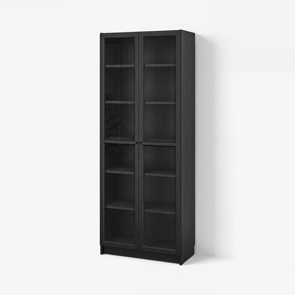 BILLY / OXBERG Bibliothèque+portes vitrées, noir motif chêne, 80x41x202 cm
