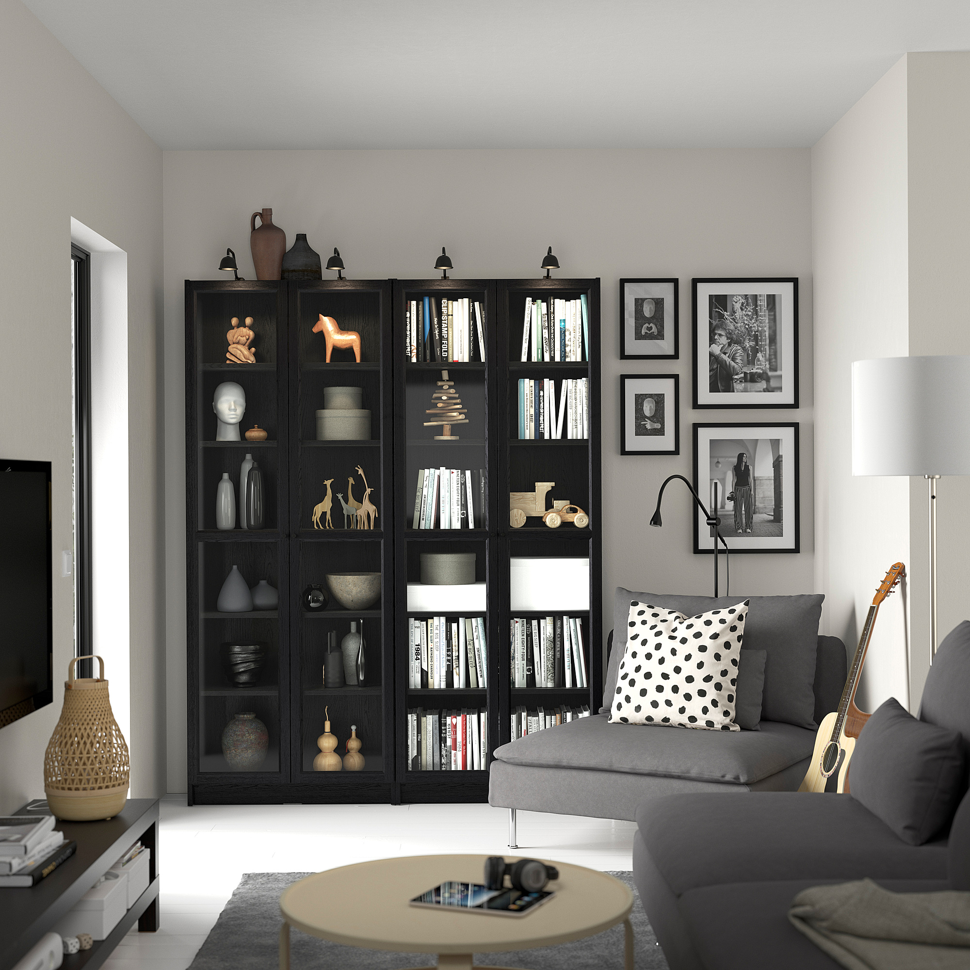 BILLY / OXBERG Combi bibliothèque+portes vitrées, noir motif chêne, 160x202 cm
