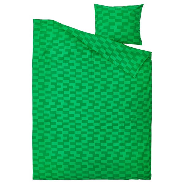 BLÅSKATA Housse de couette et 1 taie, vert/à motifs, 150x200/50x60 cm
