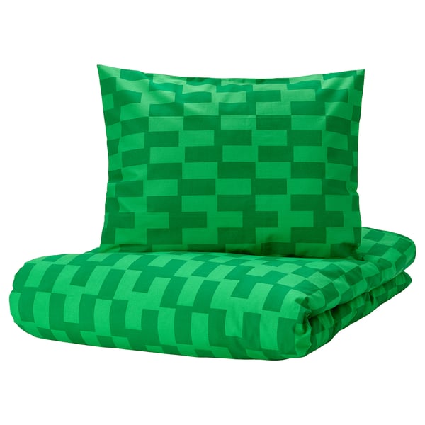 BLÅSKATA Housse de couette et 1 taie, vert/à motifs, 150x200/50x60 cm