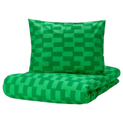 BLÅSKATA Housse de couette et 1 taie, vert/à motifs, 150x200/50x60 cm