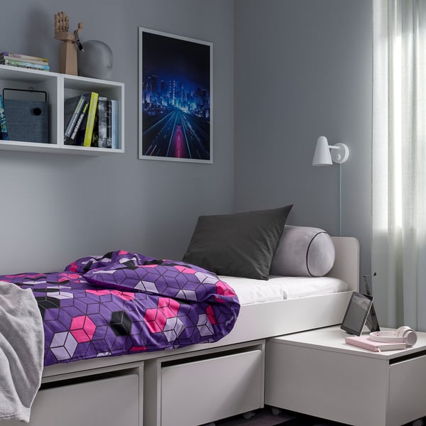 BLÅSKATA Housse de couette et 1 taie, violet/noir à motifs, 150x200/50x60 cm