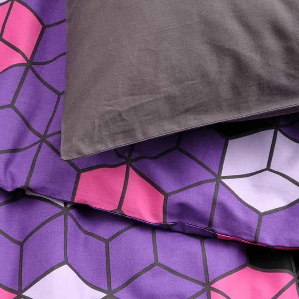 BLÅSKATA Housse de couette et 1 taie, violet/noir à motifs, 150x200/50x60 cm