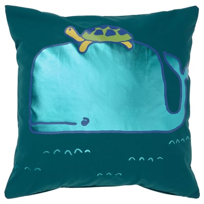 BLÅVINGAD Housse de coussin, motif baleine/bleu vert, 50x50 cm