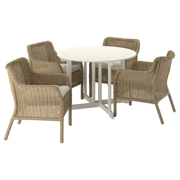 BONDHOLMEN / ULVEVÄR Table+4 chaises accoud, extérieur, blanc/beige rotin plastique brun/Kuddarna gris clair-beige, 108 cm