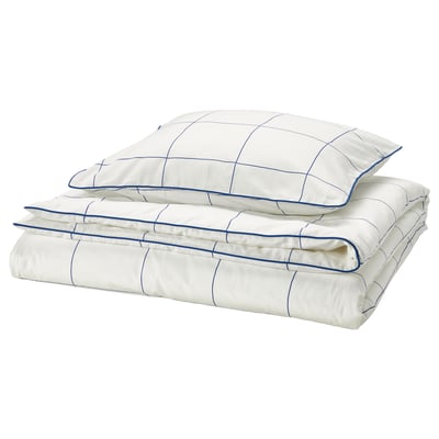 BREDVECKLARE Housse de couette et 1 taie, blanc bleu/carreaux, 150x200/50x60 cm