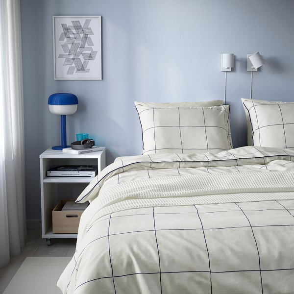 BREDVECKLARE Housse de couette et 2 taies, blanc bleu/carreaux, 240x220/50x60 cm