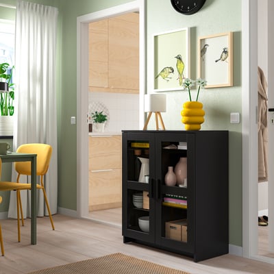 BRIMNES Armoire avec portes, verre/noir, 78x95 cm