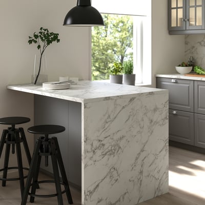 EKBACKEN Plan de travail sur mesure, blanc effet marbre scintillant/stratifié, 63.6-125x2.8 cm
