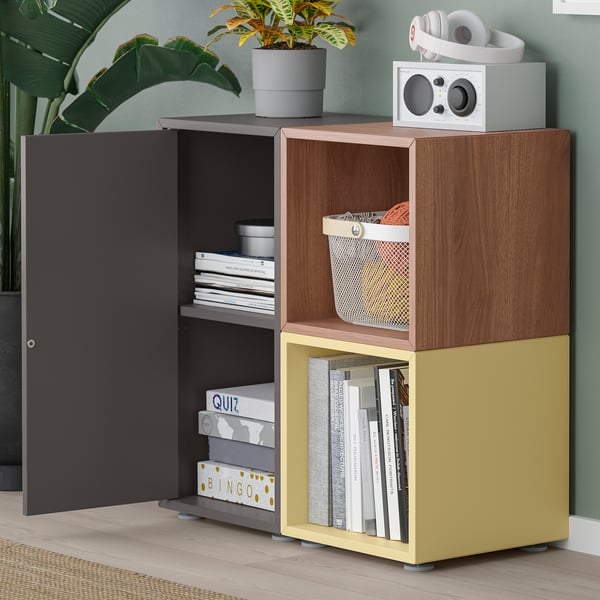 EKET Combinaison rangement avec pieds, gris foncé motif noyer/jaune pâle, 70x35x72 cm