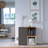 EKET Combinaison rangement avec pieds, gris foncé motif noyer/jaune pâle, 70x35x72 cm
