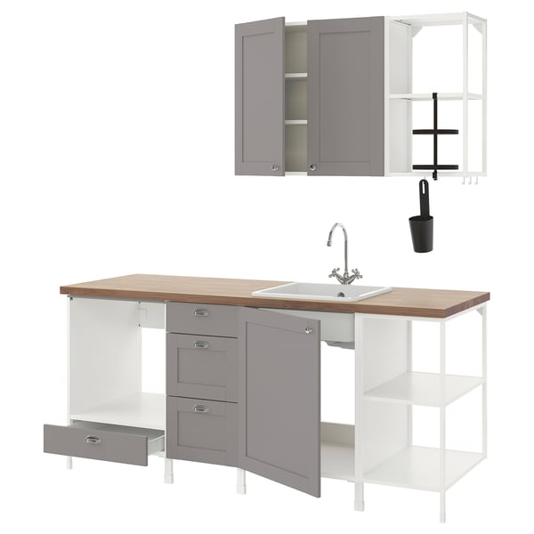 ENHET Cuisine, blanc/gris avec cadre, 203x63.5x222 cm