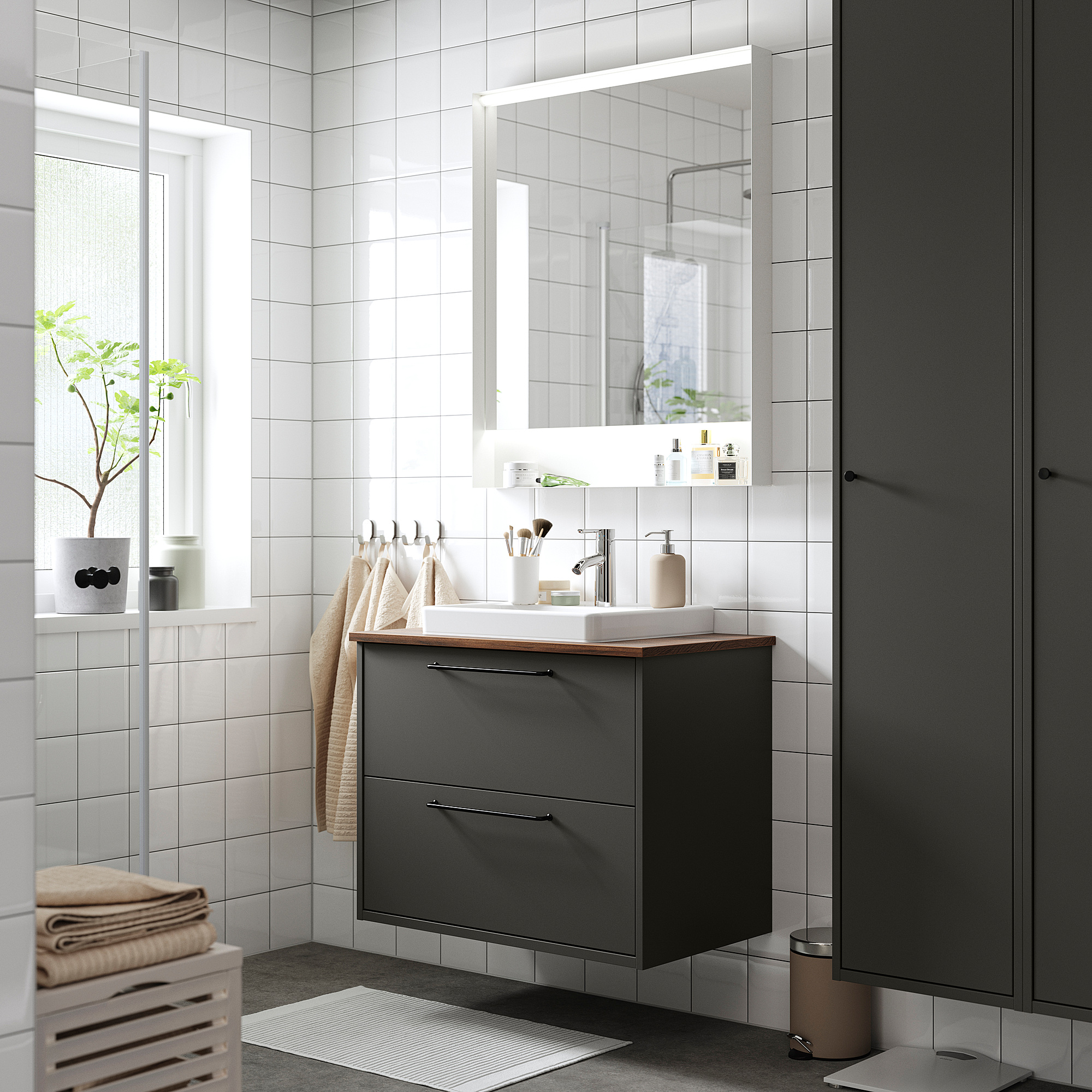 HAVBÄCK / ORRSJÖN Meuble avec tiroirs/vasque/mitigeur, gris foncé/brun motif noyer, 82x49x71 cm