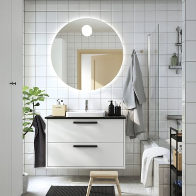 HAVBÄCK / ORRSJÖN Meuble lavabo avec tiroirs/vasque, blanc/noir marbré, 102x49x71 cm