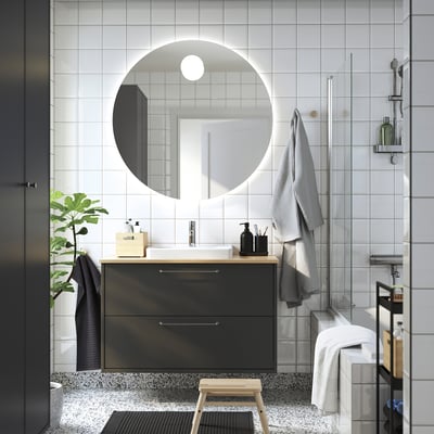 HAVBÄCK / ORRSJÖN Meuble lavabo avec tiroirs/vasque, gris foncé/bambou clair, 102x49x71 cm