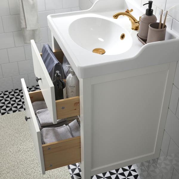 HEMNES / RUTSJÖN Meuble avec tiroirs/vasque/mitigeur, blanc, 62x49x95 cm