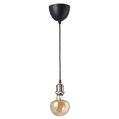 JÄLLBY / MOLNART Suspension avec ampoule, textile nickelé/champignon verre transparent brun