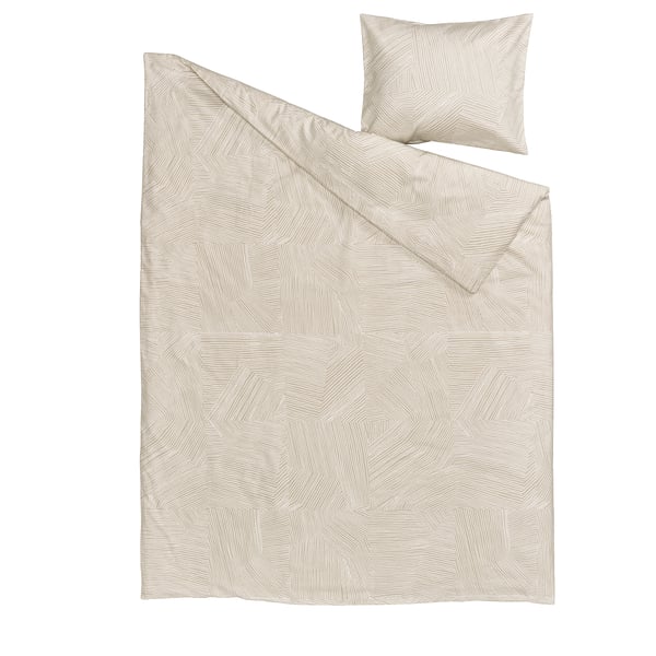 JÄRNTRÄD Housse de couette et 1 taie, beige clair/blanc, 150x200/50x60 cm