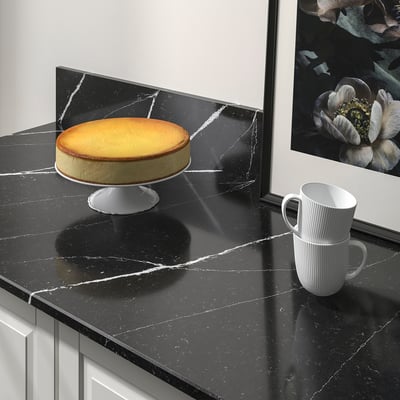 KASKER Plan de travail sur mesure, noir effet marbre blanc/quartz, 1 m²x2.0 cm