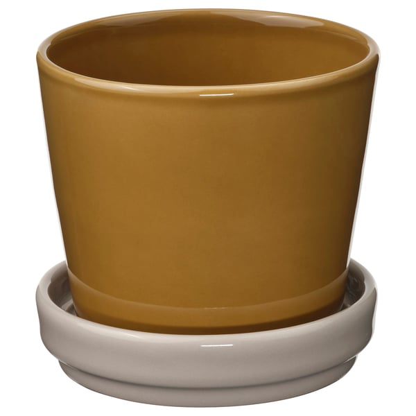 KLOTLÖNN Pot avec coupelle, intérieur/extérieur/jaune foncé beige clair, 9 cm