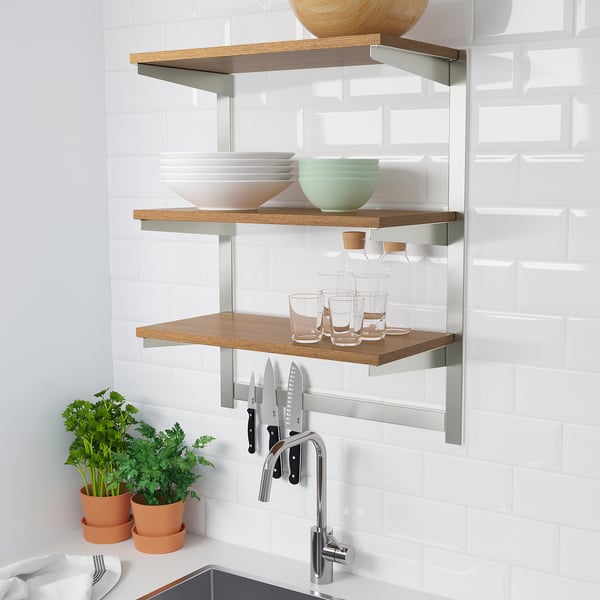 KUNGSFORS Rail susp avec tab/rail magn, acier inoxydable/frêne