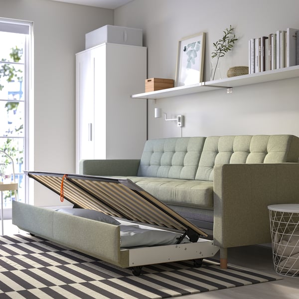 LANDSKRONA Canapé 3 places convertible, Gunnared vert clair/bois