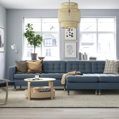 LANDSKRONA Canapé 4 places + méridienne, Gunnared bleu/bois