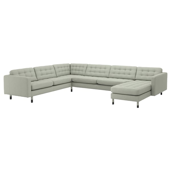 LANDSKRONA Canapé d'angle 6places + méridienne, Gunnared vert clair/bois/noir