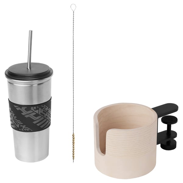 LÅNESPELARE Gobelet avec support, noir/plaqué frêne
