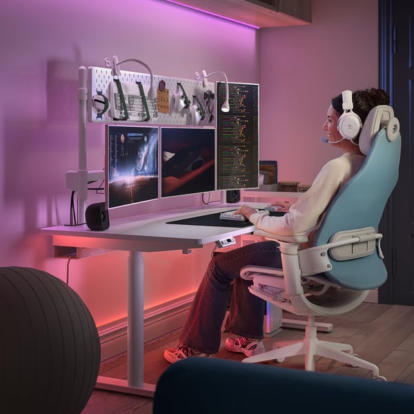 MÅLOMRÅDE Bureau gamer assis/debout, avec bras d'écran/électrique blanc, 180x80 cm