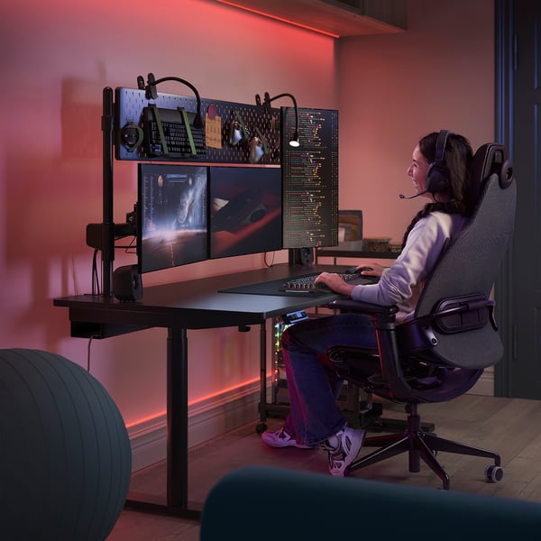 MÅLOMRÅDE Bureau gamer assis/debout, avec bras d'écran/électrique noir, 180x80 cm