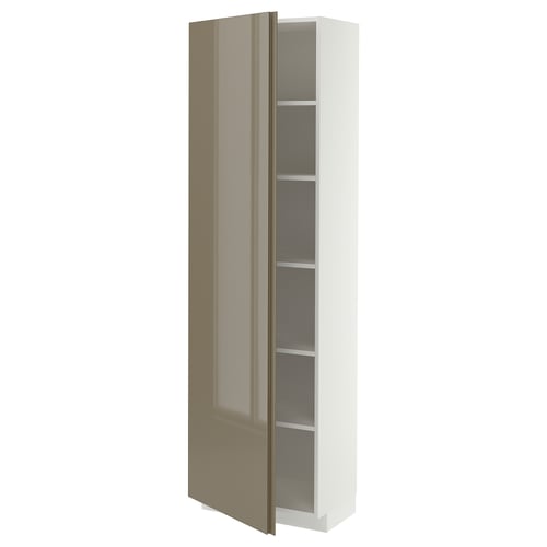 METOD Armoire avec tablettes, blanc/VOXTORP gris-brun foncé brillant vertical, 60x37x200 cm