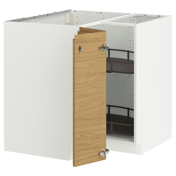 METOD Élément bas angle+rgt pivotant, blanc/Voxtorp motif chêne, 88x88 cm