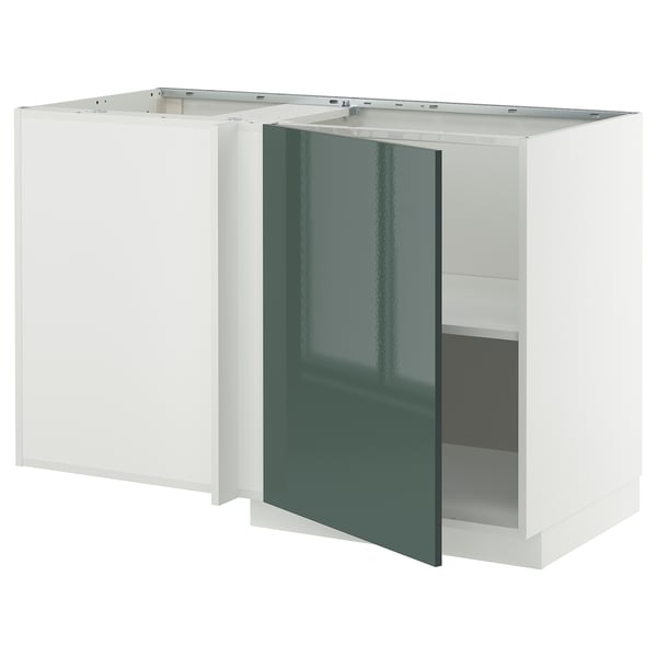 METOD Élément bas d'angle+tablette, blanc/Kallarp gris-vert foncé brillant, 128x68 cm