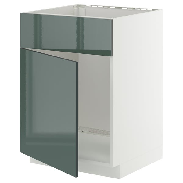 METOD Élément bas évier porte/face, blanc/Kallarp gris-vert foncé brillant, 60x60 cm