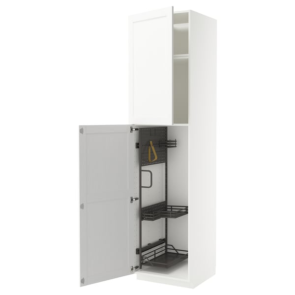 METOD Élément haut + rangements prod entr, blanc Enköping/blanc effet bois, 60x60x240 cm