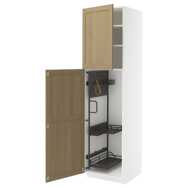 METOD Élément haut + rangements prod entr, blanc/Forsbacka chêne, 60x60x220 cm