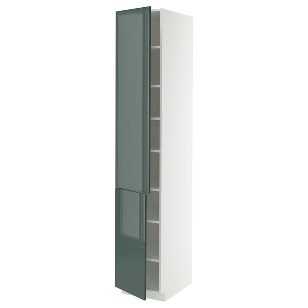 METOD Élément haut tablettes/2portes, blanc/Kallarp gris-vert foncé brillant, 40x60x220 cm