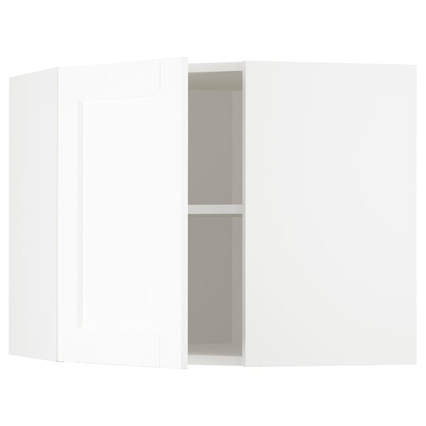 METOD Élément mural angle + tablettes, blanc Enköping/blanc effet bois, 68x60 cm