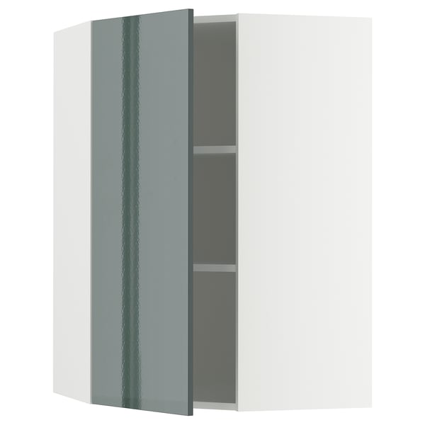 METOD Élément mural angle + tablettes, blanc/Kallarp gris-vert foncé brillant, 68x100 cm