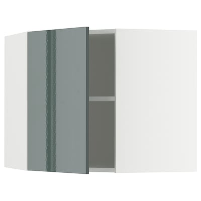 METOD Élément mural angle + tablettes, blanc/Kallarp gris-vert foncé brillant, 68x60 cm