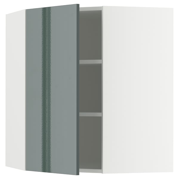 METOD Élément mural angle + tablettes, blanc/Kallarp gris-vert foncé brillant, 68x80 cm